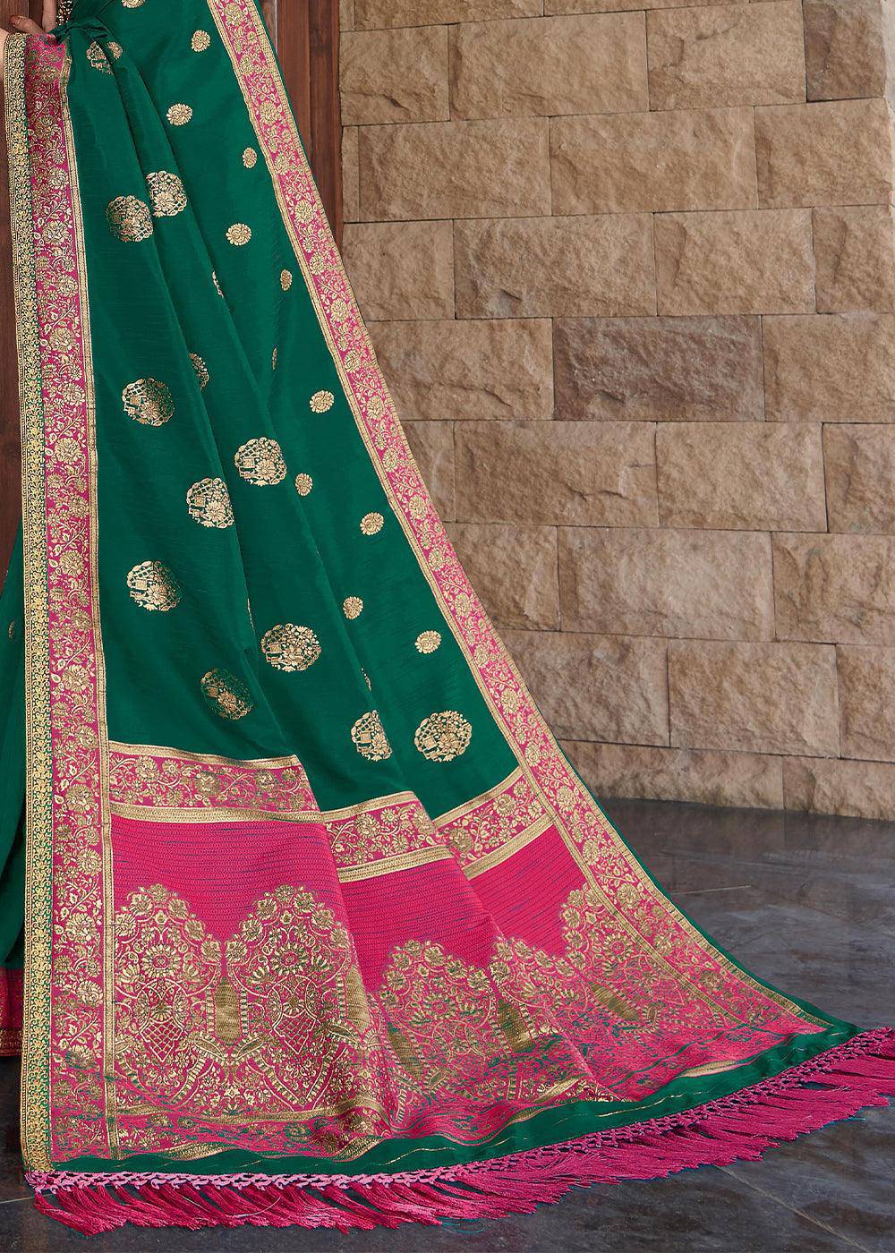 Viridian Green Zari Woven Banarasi Silk Saree with Brocade Blouse | Stitched Blouse - qivii