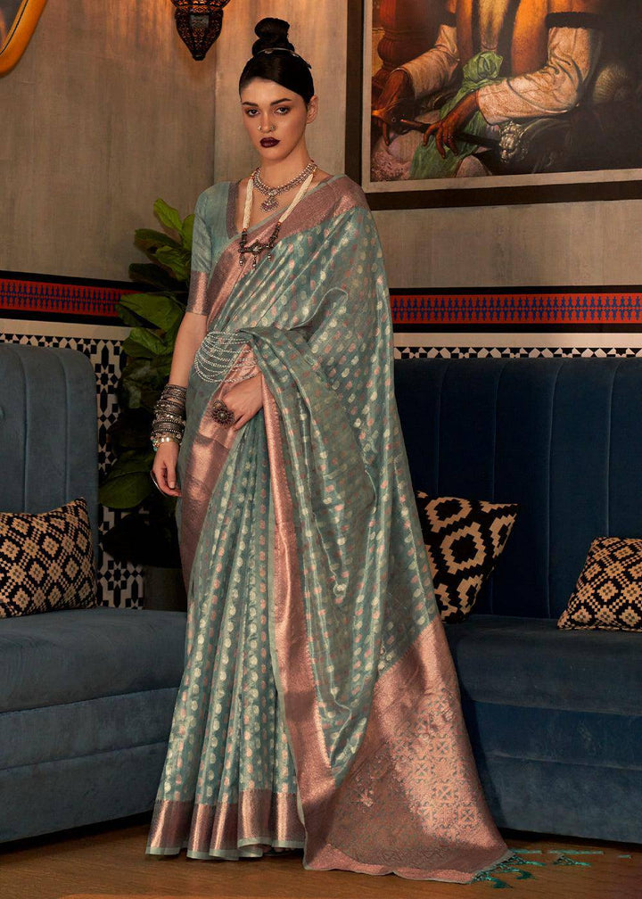 Viridian Green Zari Woven Tissue Silk Saree | Stitched Blouse - qivii