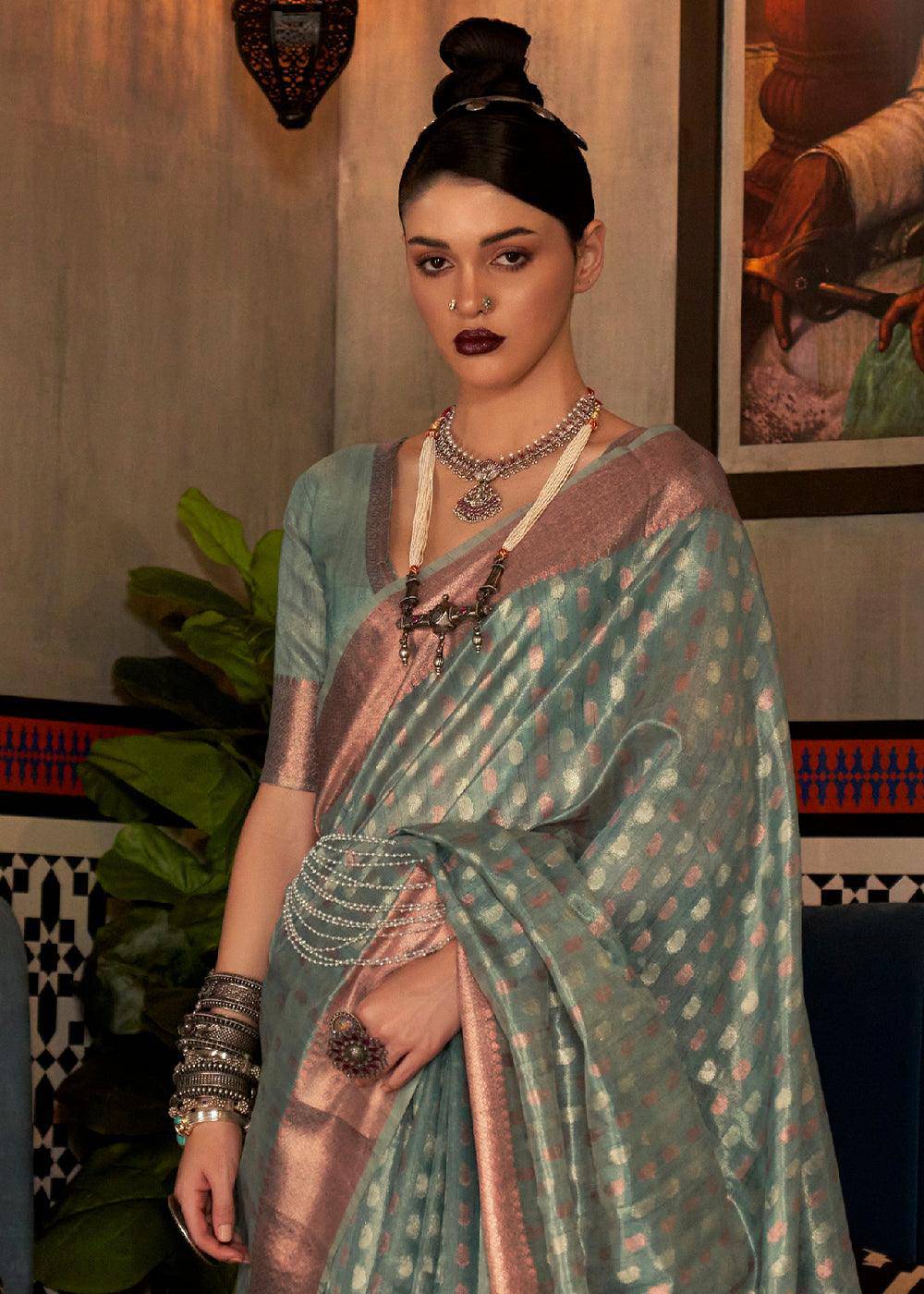 Viridian Green Zari Woven Tissue Silk Saree | Stitched Blouse - qivii