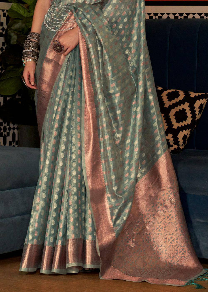 Viridian Green Zari Woven Tissue Silk Saree | Stitched Blouse - qivii