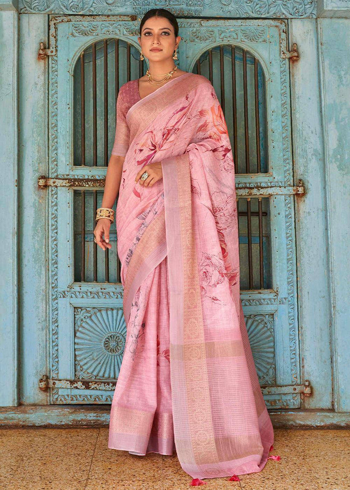 Vivid Pink Floral Printed linen Saree with Zari Border | Stitched Blouse - qivii