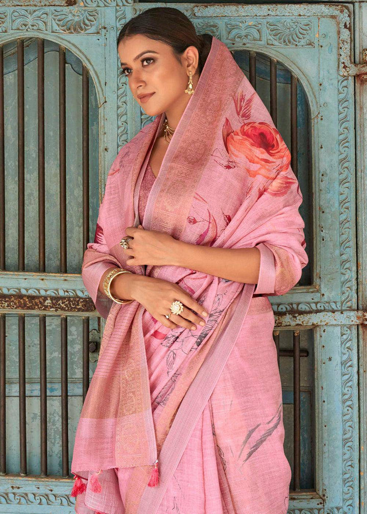 Vivid Pink Floral Printed linen Saree with Zari Border | Stitched Blouse - qivii