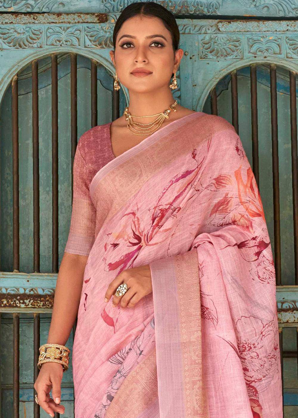 Vivid Pink Floral Printed linen Saree with Zari Border | Stitched Blouse - qivii