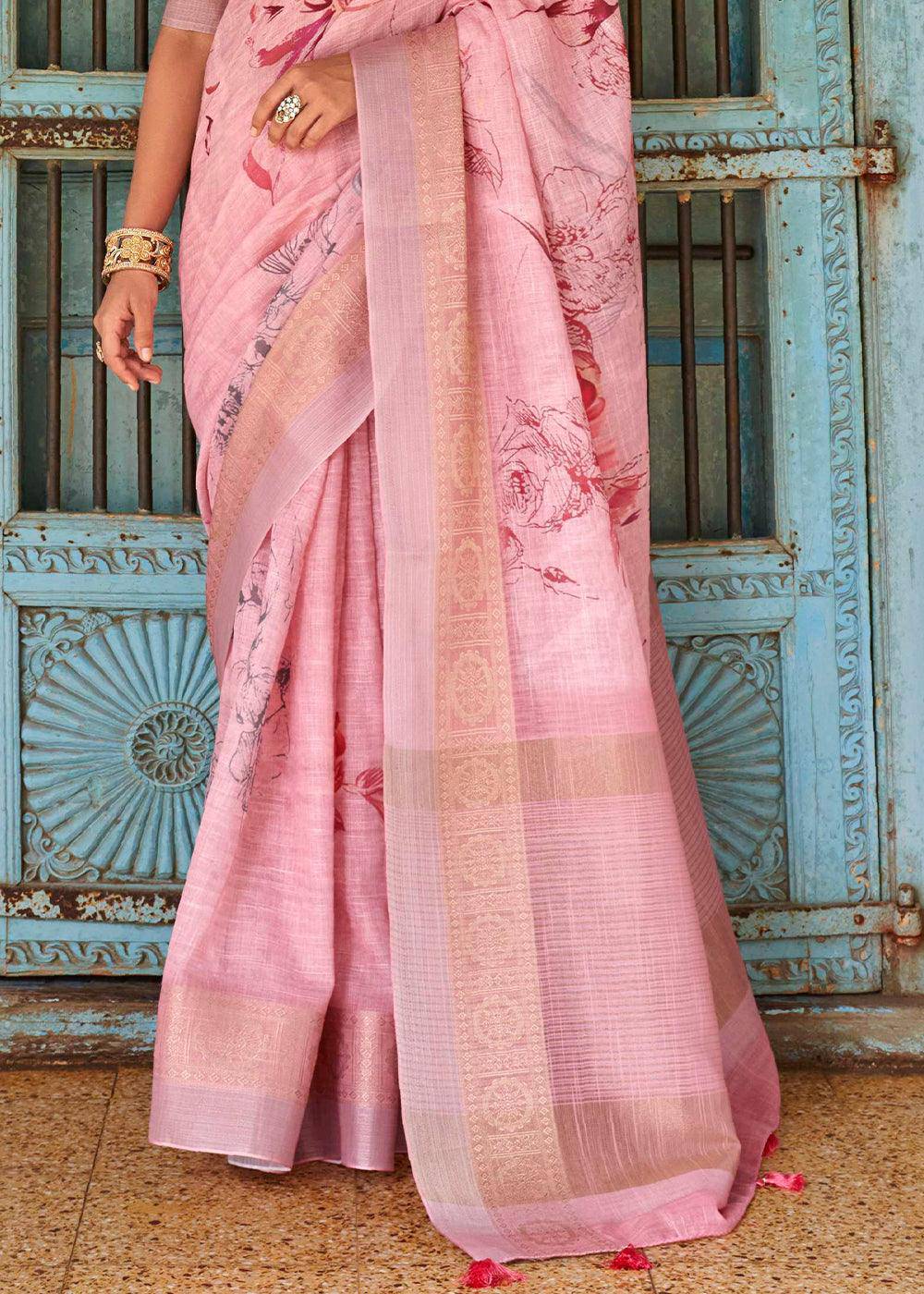 Vivid Pink Floral Printed linen Saree with Zari Border | Stitched Blouse - qivii