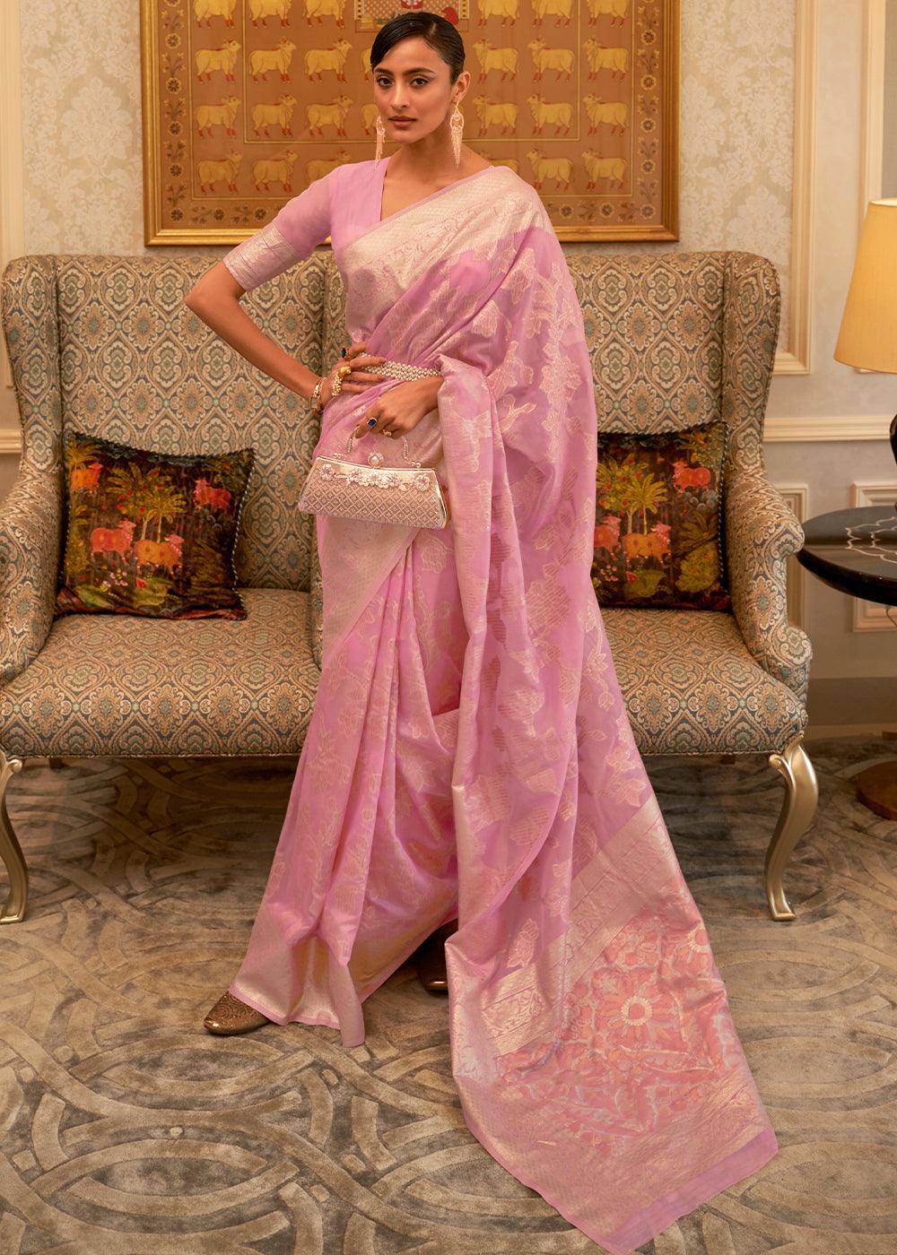 Vivid Pink Handloom Woven Silk Saree with Sequins work | Stitched Blouse - qivii