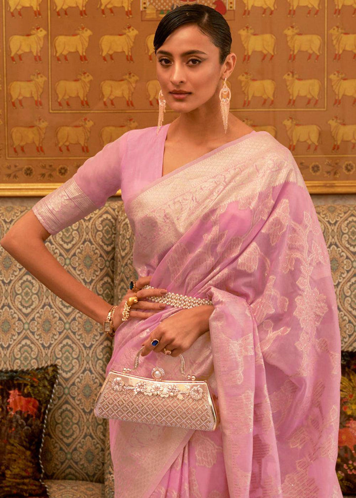 Vivid Pink Handloom Woven Silk Saree with Sequins work | Stitched Blouse - qivii