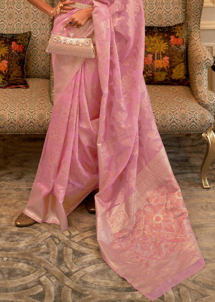 Vivid Pink Handloom Woven Silk Saree with Sequins work | Stitched Blouse - qivii