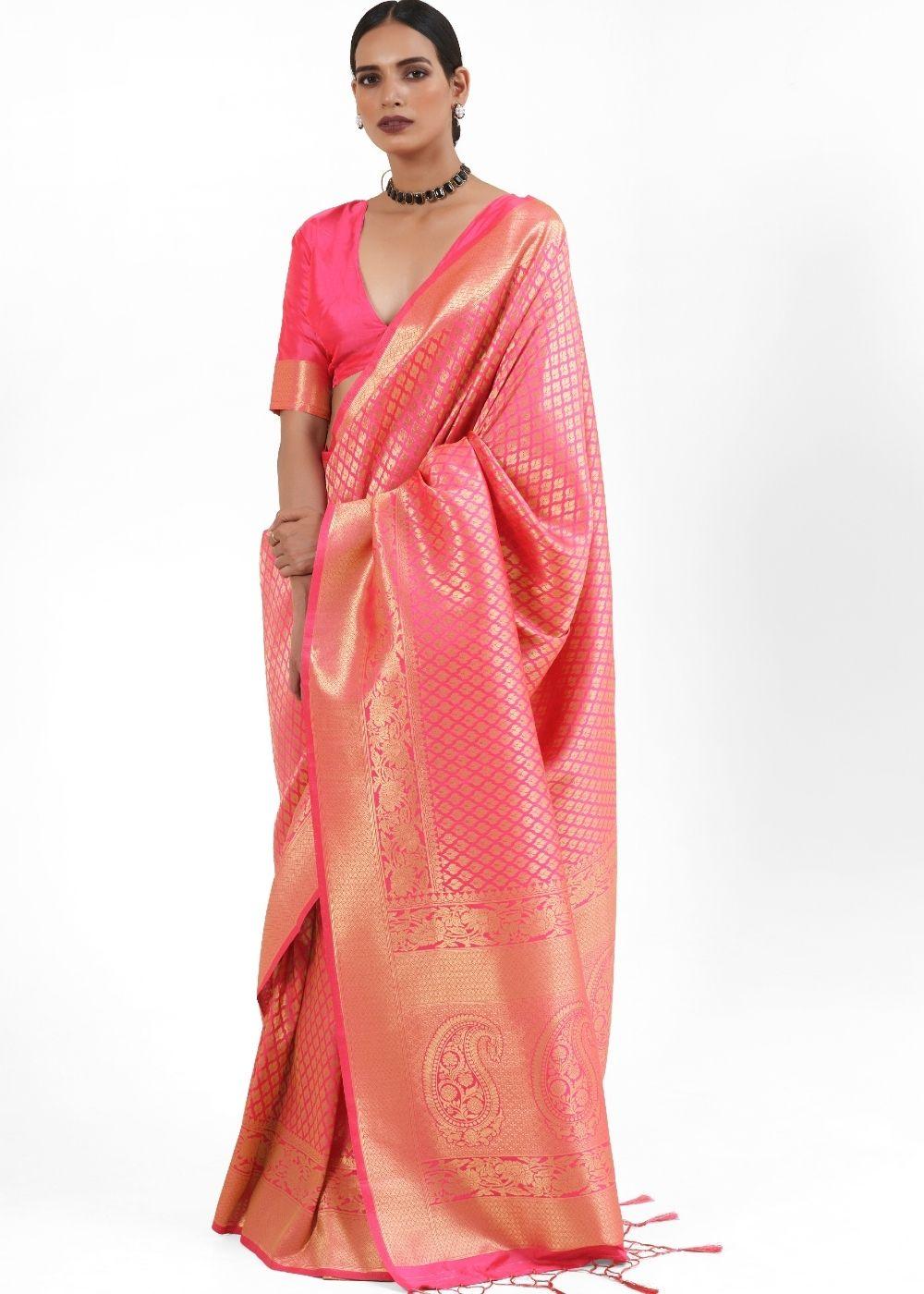 Vivid Pink Kanjivaram Soft Woven Silk Saree | Stitched Blouse - qivii