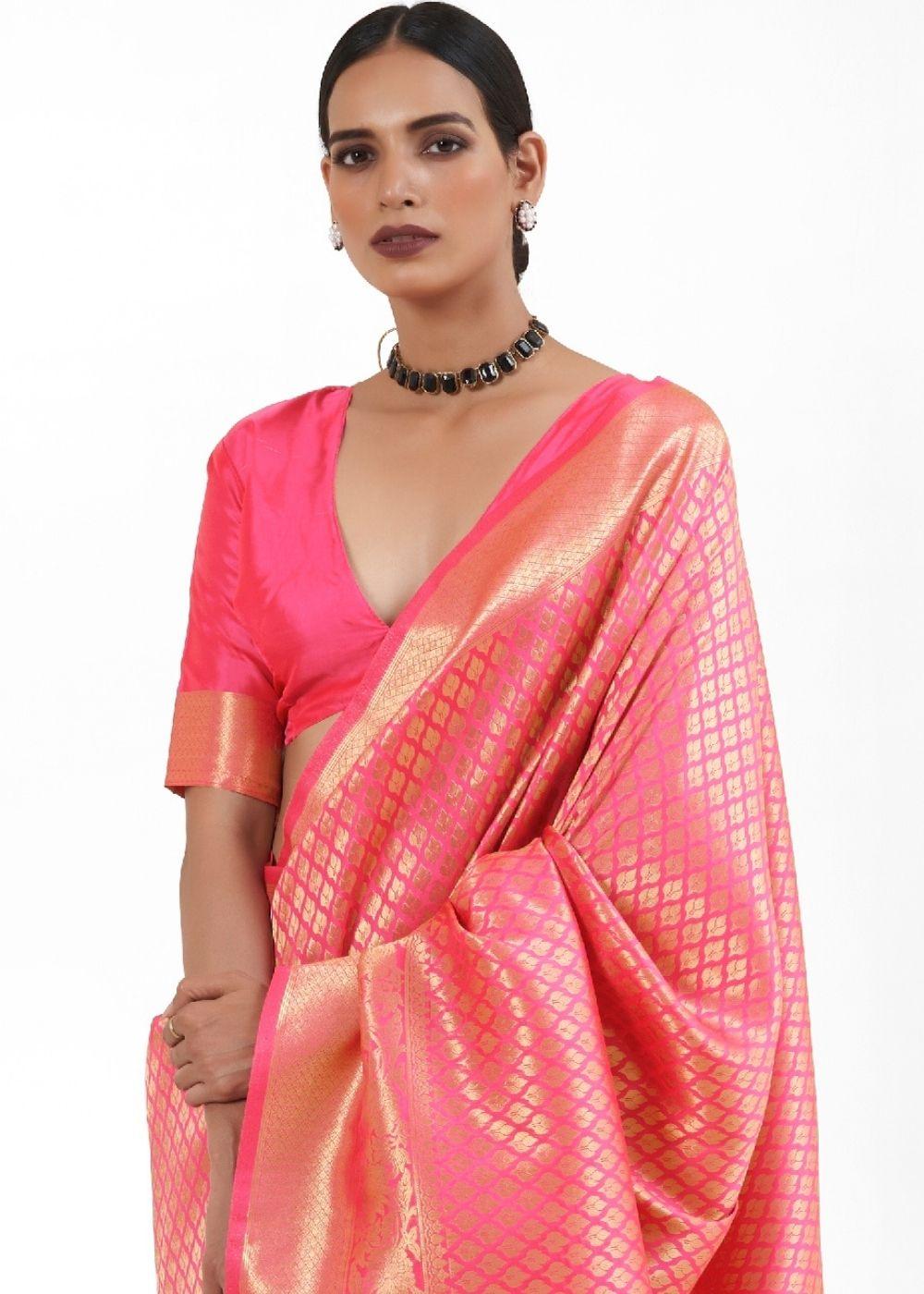 Vivid Pink Kanjivaram Soft Woven Silk Saree | Stitched Blouse - qivii