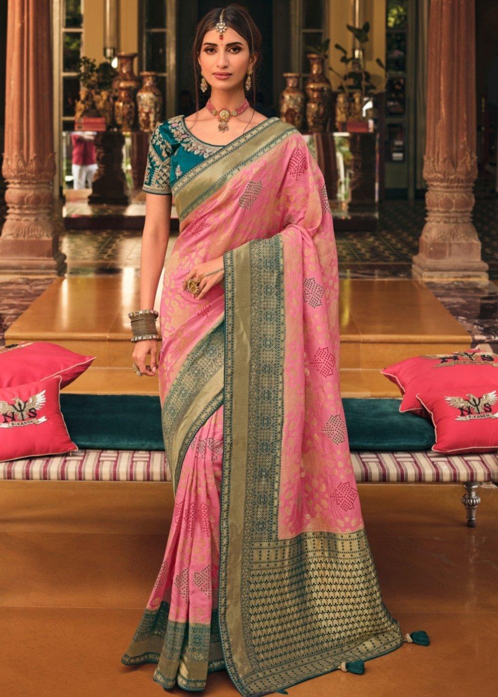 Vivid Pink Woven Banarasi Silk Saree with Embroidered Blouse | Stitched Blouse - qivii