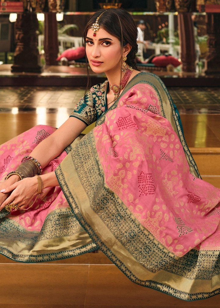 Vivid Pink Woven Banarasi Silk Saree with Embroidered Blouse | Stitched Blouse - qivii