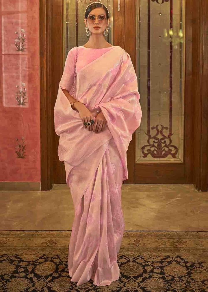 Vivid Pink Woven Banarasi Silk Saree with Sequins work | Stitched Blouse - qivii