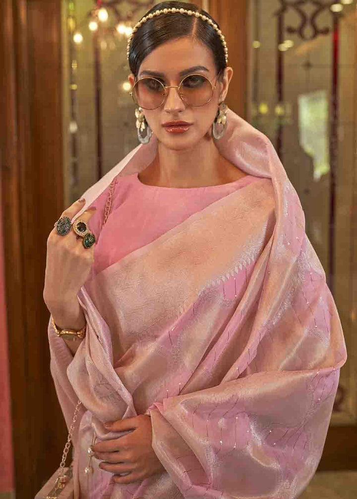 Vivid Pink Woven Banarasi Silk Saree with Sequins work | Stitched Blouse - qivii