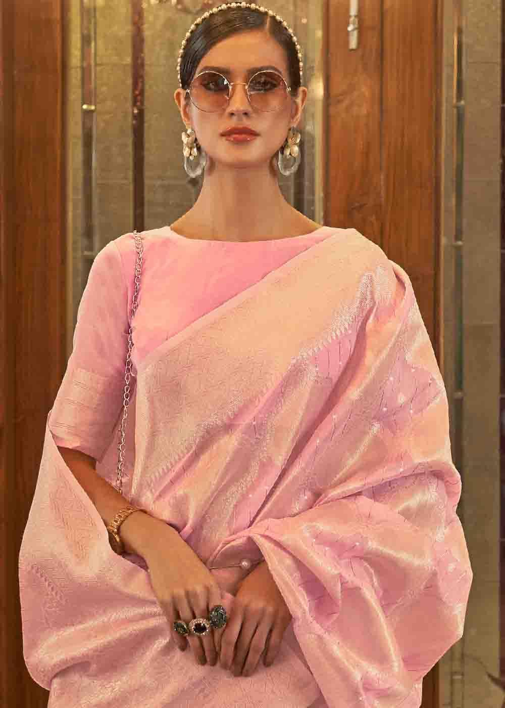 Vivid Pink Woven Banarasi Silk Saree with Sequins work | Stitched Blouse - qivii