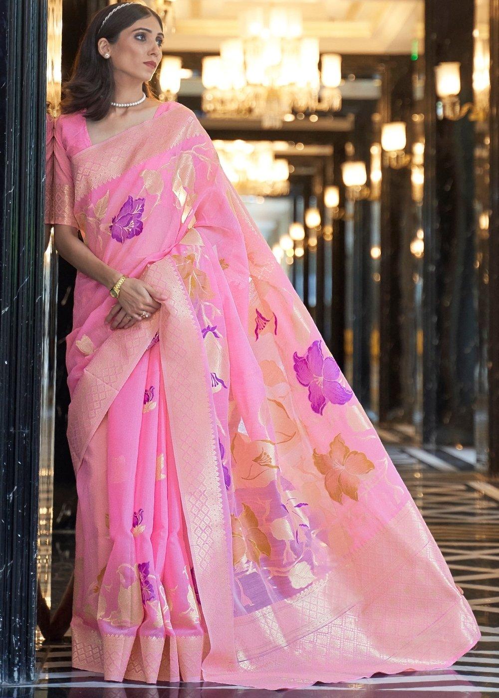 Vivid Pink Zari Woven Linen Silk Saree | Stitched Blouse - qivii