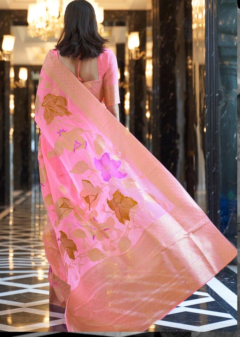 Vivid Pink Zari Woven Linen Silk Saree | Stitched Blouse - qivii