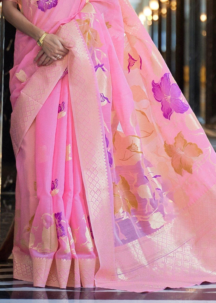 Vivid Pink Zari Woven Linen Silk Saree | Stitched Blouse - qivii