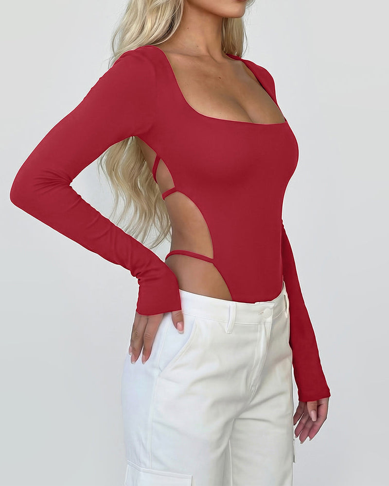 Square Neck Long Sleeve Backless Thong Slim Fit Bodysuit
