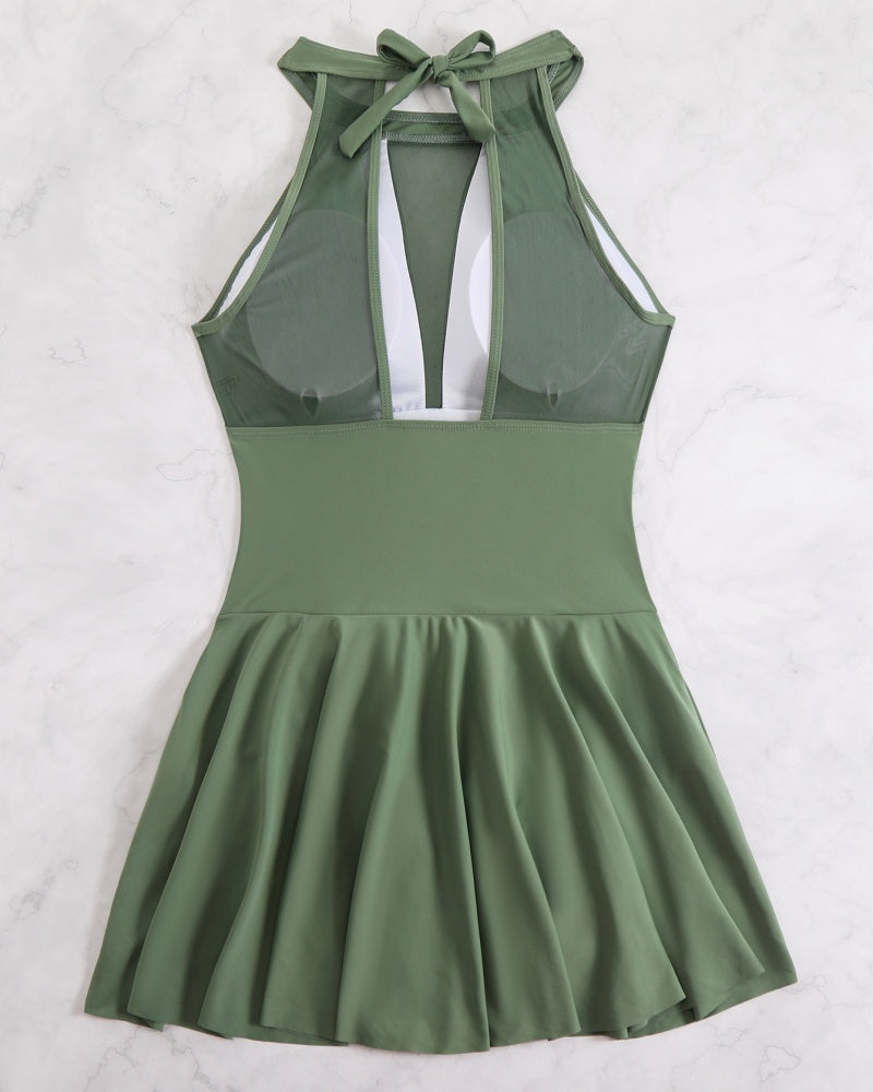 Large Size Halter Neck Mesh Panel Tummy Control Swimsuit with Side Bow  - By Qivii