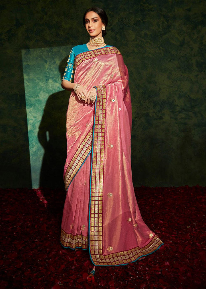 Watermelon Pink Designer Silk Saree with Contrast Blouse | Stitched Blouse - qivii