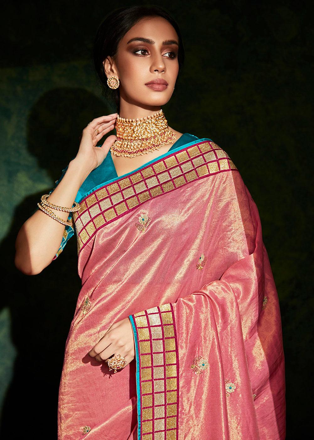 Watermelon Pink Designer Silk Saree with Contrast Blouse | Stitched Blouse - qivii