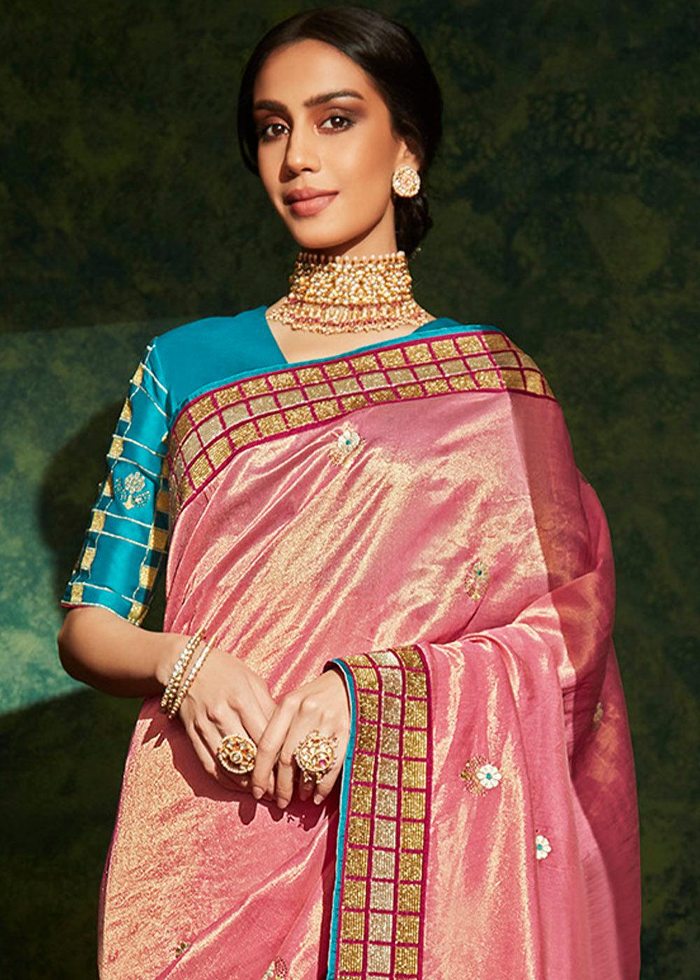 Watermelon Pink Designer Silk Saree with Contrast Blouse | Stitched Blouse - qivii