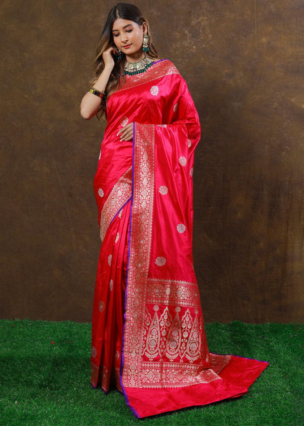 Watermelon Pink Hand Woven Pure Katan Silk Saree | Stitched Blouse - qivii