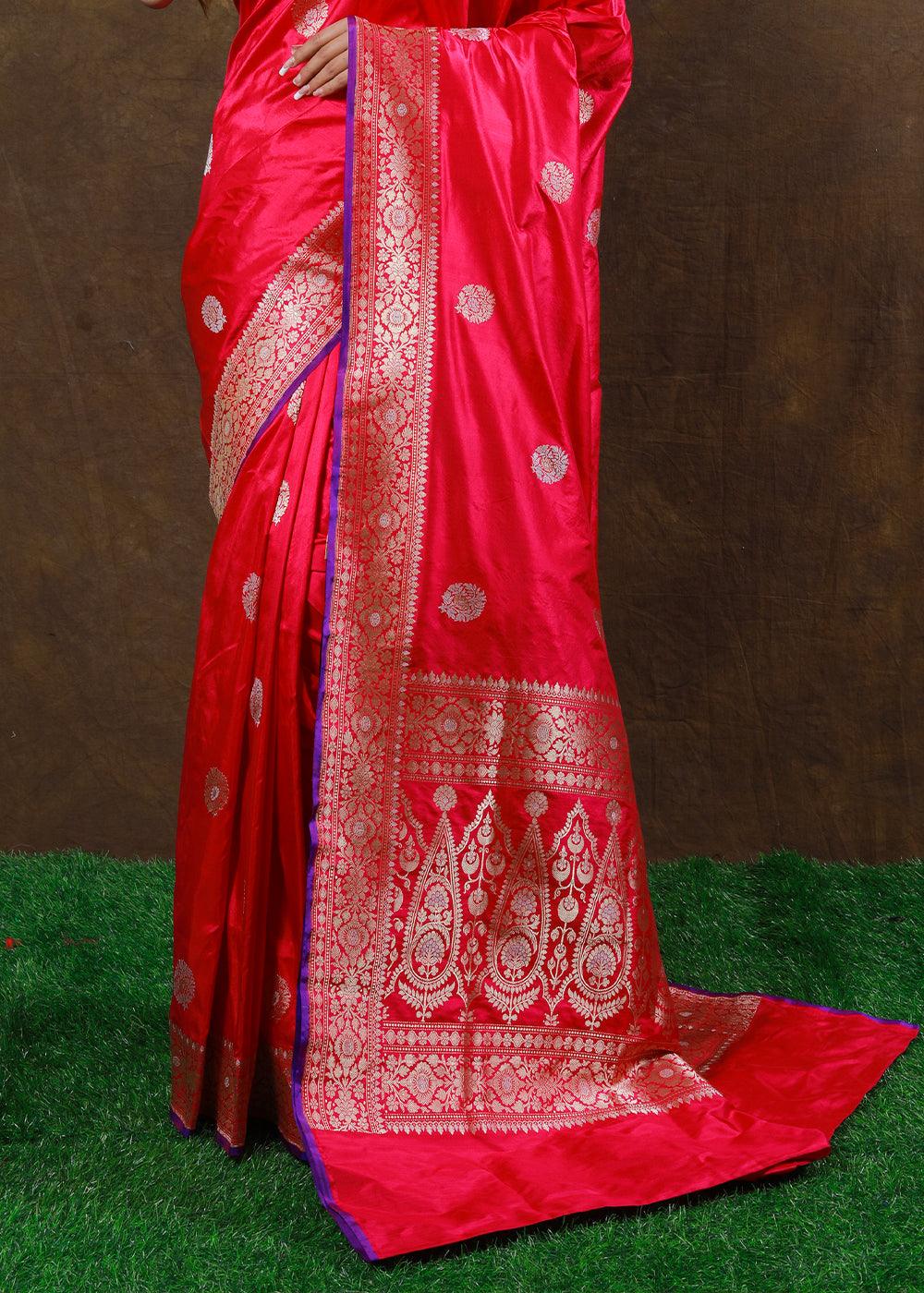 Watermelon Pink Hand Woven Pure Katan Silk Saree | Stitched Blouse - qivii