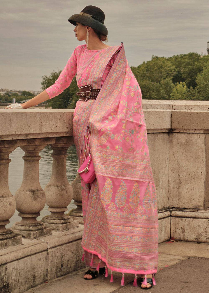 Watermelon Pink Woven Kashmiri Organza Silk Saree | Stitched Blouse - qivii