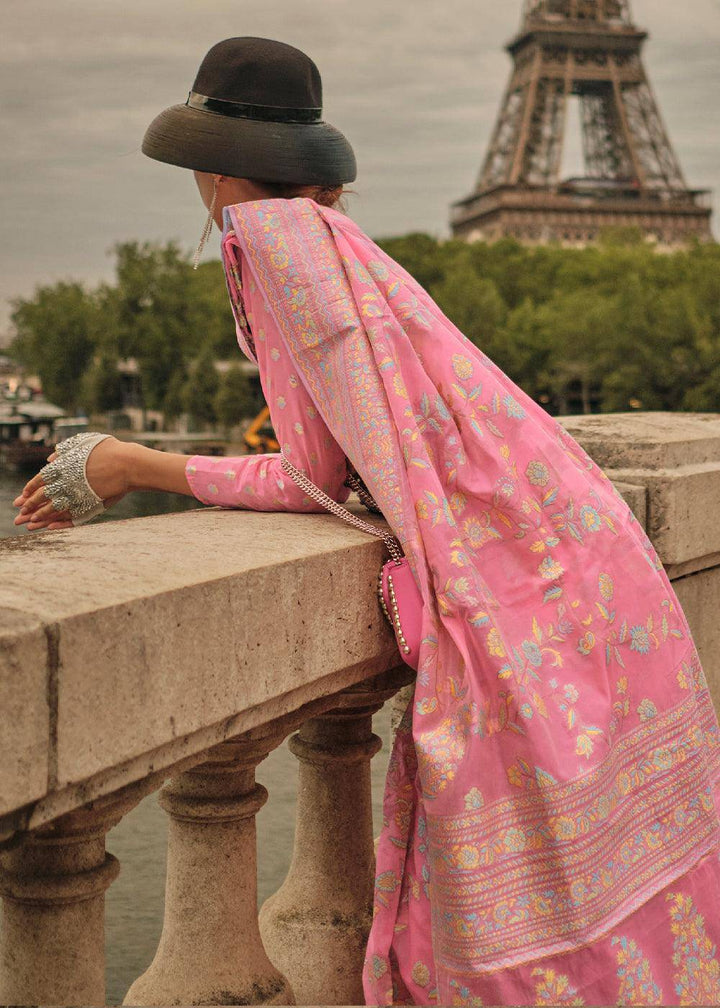 Watermelon Pink Woven Kashmiri Organza Silk Saree | Stitched Blouse - qivii