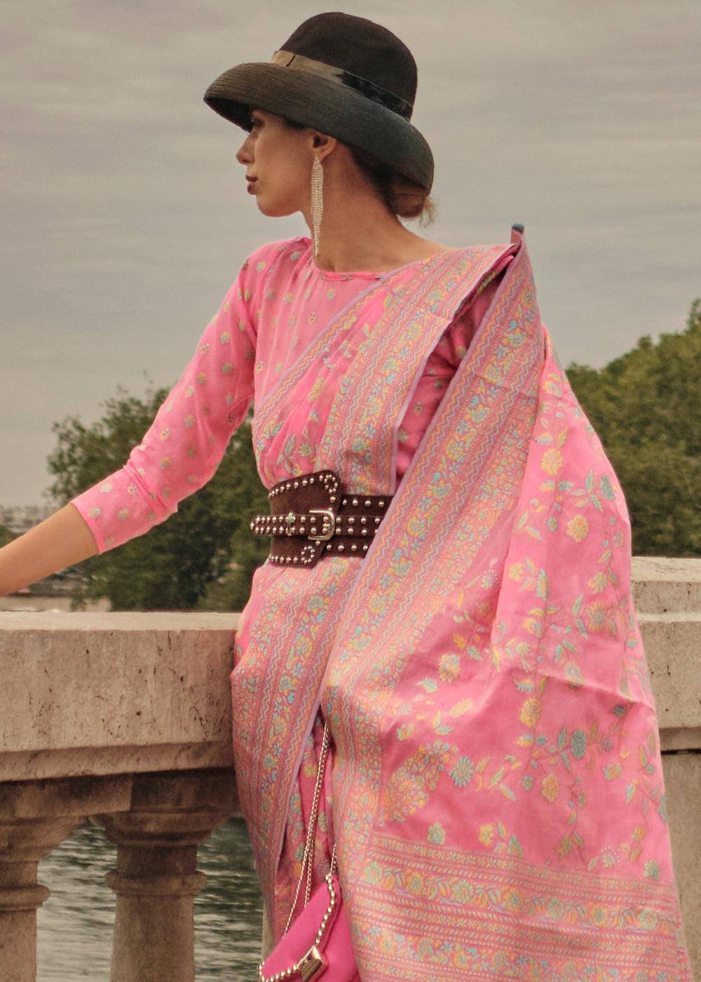 Watermelon Pink Woven Kashmiri Organza Silk Saree | Stitched Blouse - qivii