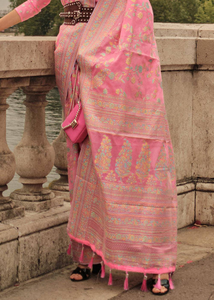 Watermelon Pink Woven Kashmiri Organza Silk Saree | Stitched Blouse - qivii