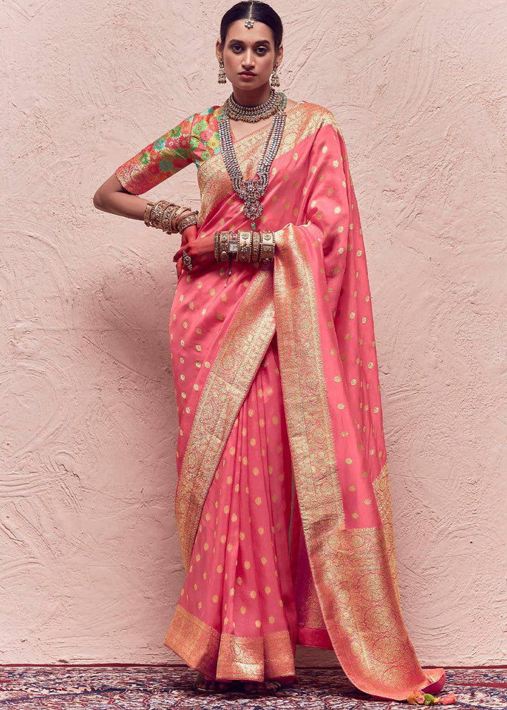 Watermelon Pink Zari Woven Dola Silk Saree With Zari Woven Blouse | Stitched Blouse - qivii