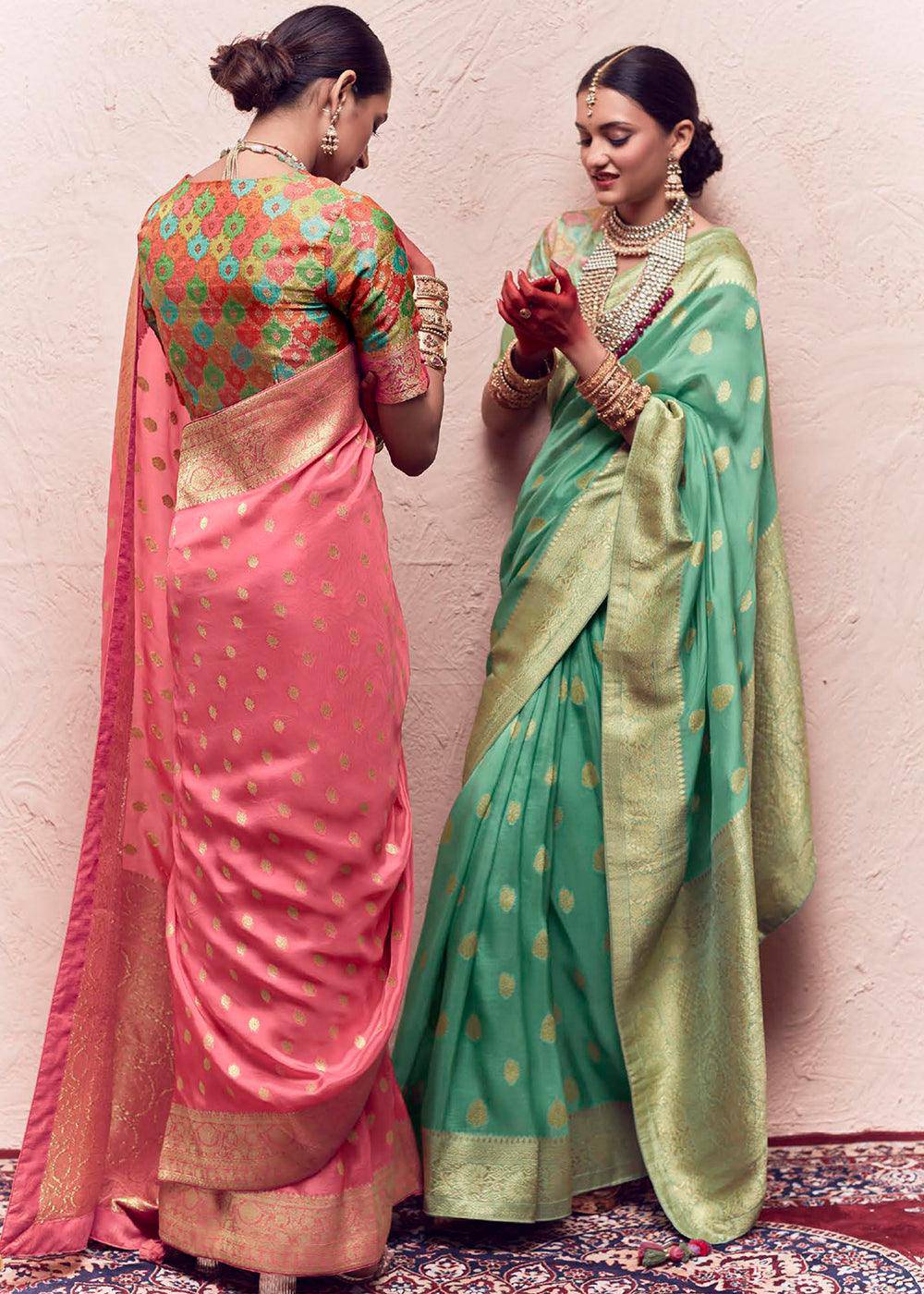 Watermelon Pink Zari Woven Dola Silk Saree With Zari Woven Blouse | Stitched Blouse - qivii