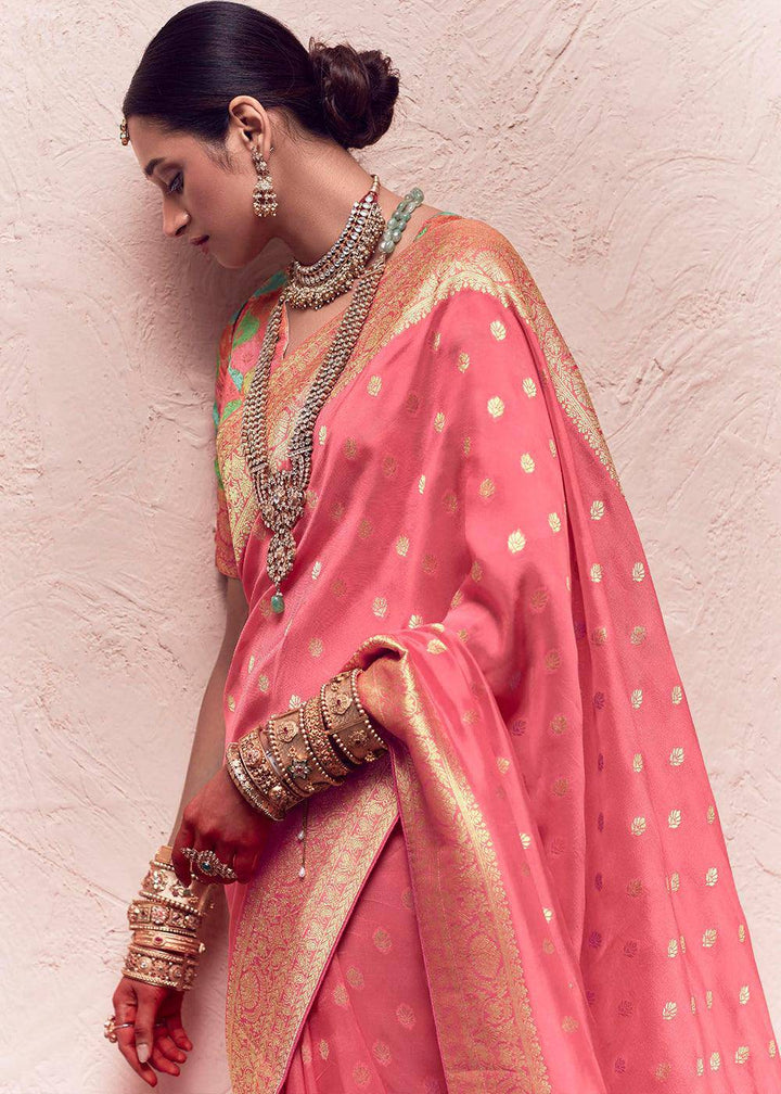 Watermelon Pink Zari Woven Dola Silk Saree With Zari Woven Blouse | Stitched Blouse - qivii