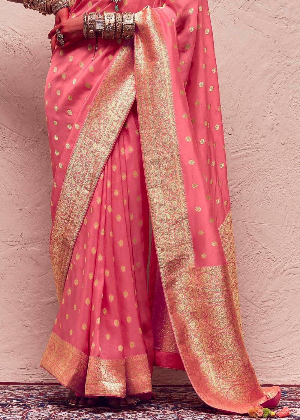 Watermelon Pink Zari Woven Dola Silk Saree With Zari Woven Blouse | Stitched Blouse - qivii