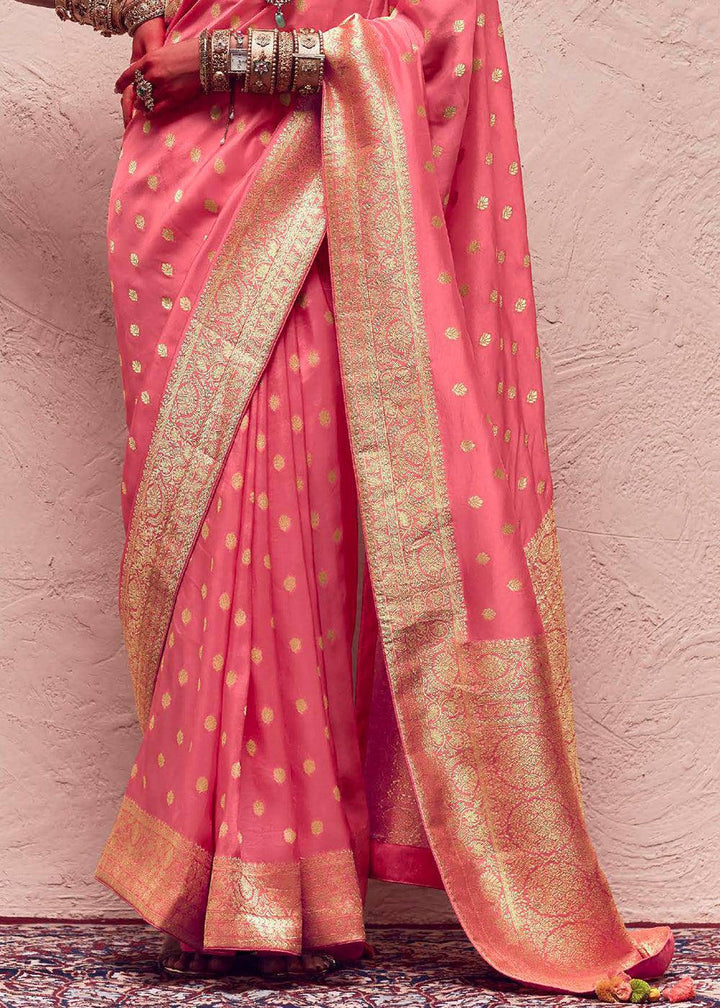 Watermelon Pink Zari Woven Dola Silk Saree With Zari Woven Blouse | Stitched Blouse - qivii