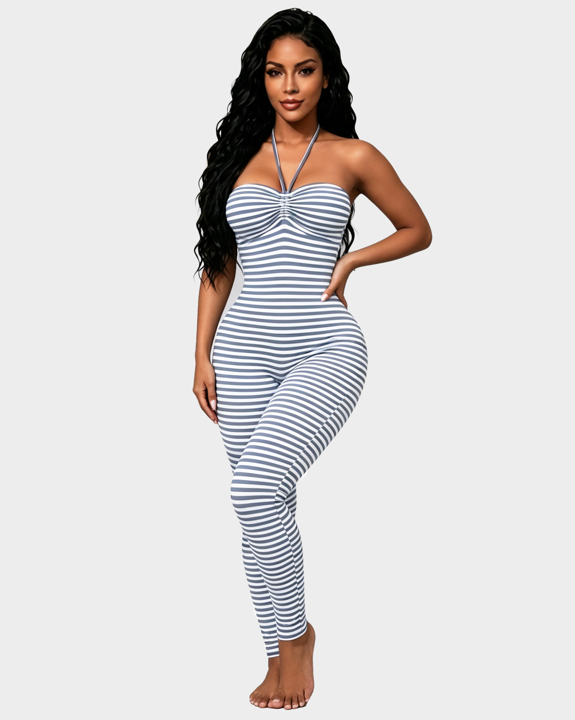 Grey White Stripe Halter Ruched Bust Backless Skinny Full Length Jumpsuit  - By Qivii