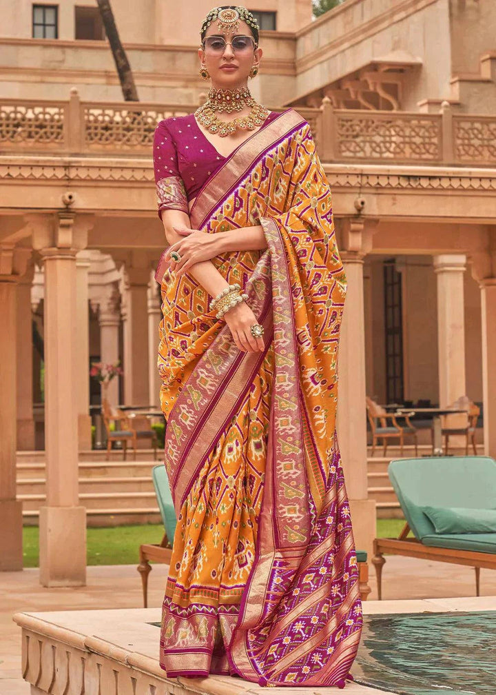 Web Orange Patola Printed Smooth Silk Saree | Stitched Blouse - qivii