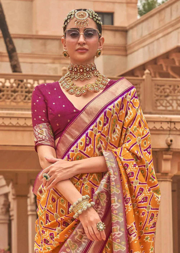 Web Orange Patola Printed Smooth Silk Saree | Stitched Blouse - qivii