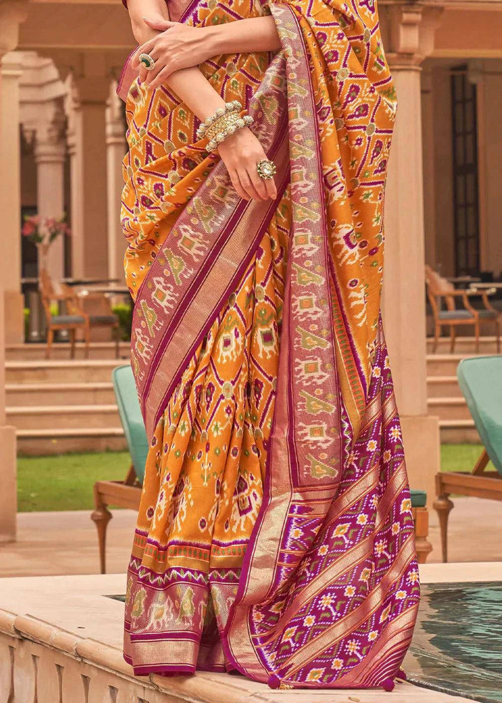 Web Orange Patola Printed Smooth Silk Saree | Stitched Blouse - qivii