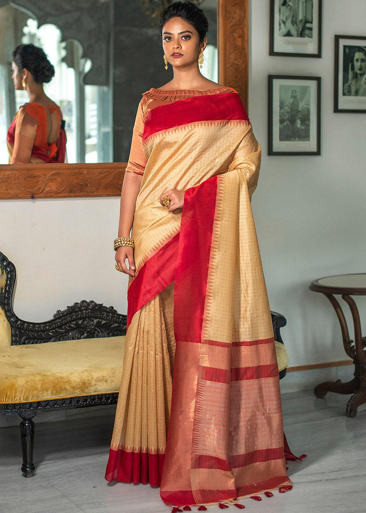 Wheat Brown Designer Woven South Silk Saree | Stitched Blouse - qivii