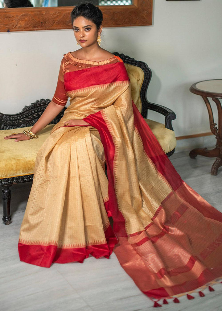 Wheat Brown Designer Woven South Silk Saree | Stitched Blouse - qivii