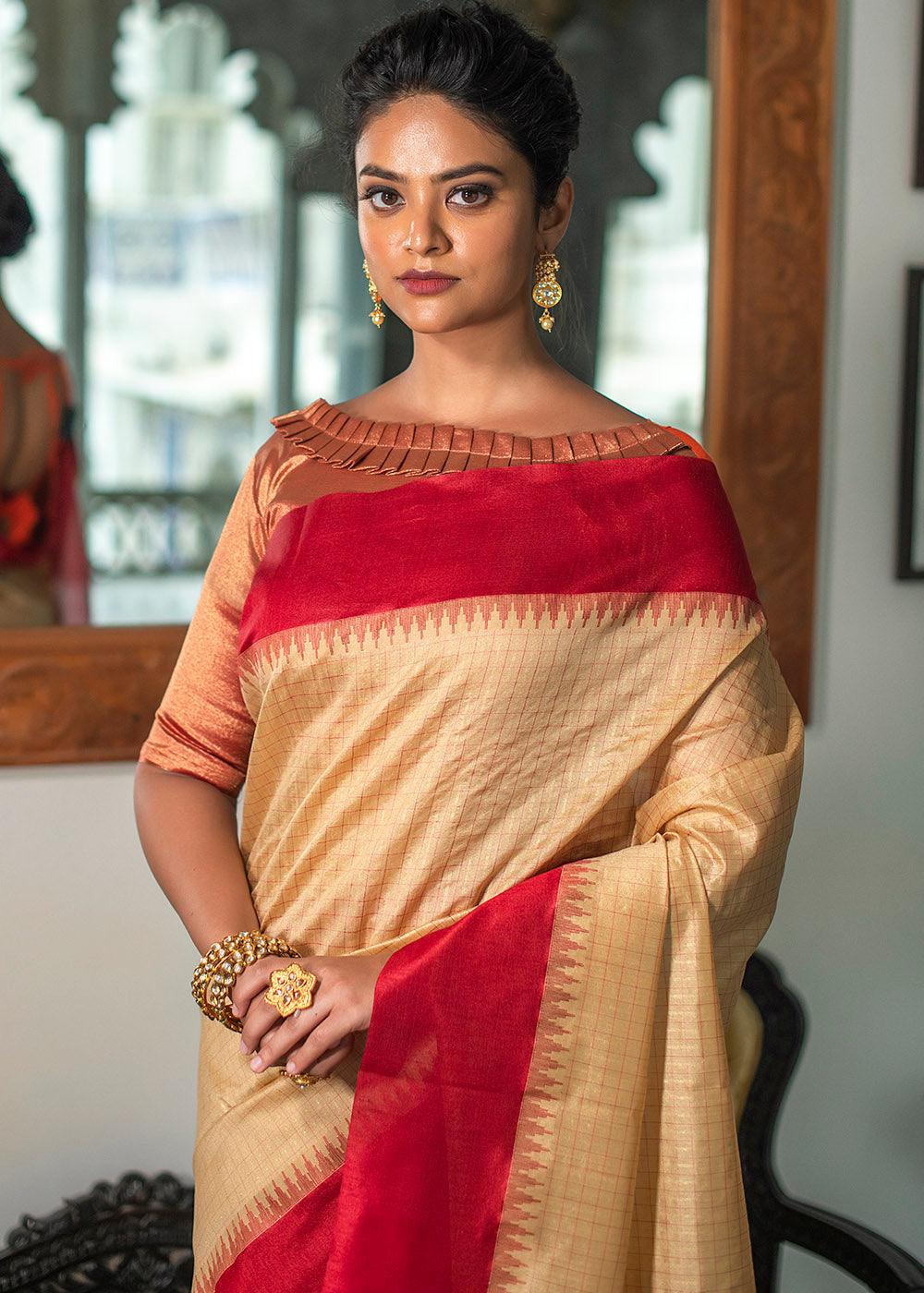 Wheat Brown Designer Woven South Silk Saree | Stitched Blouse - qivii