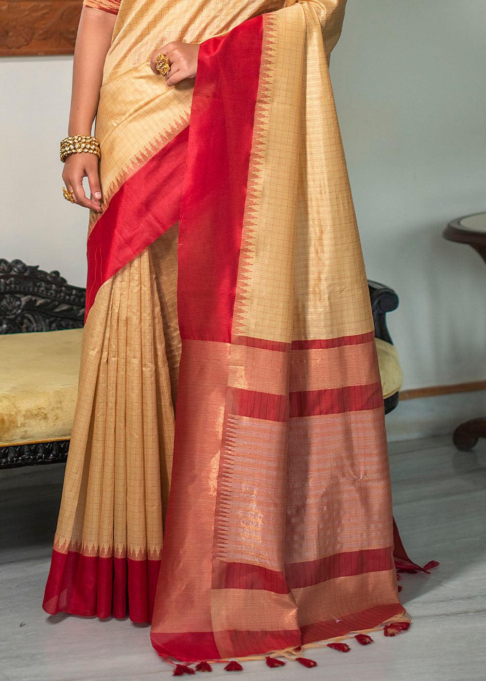 Wheat Brown Designer Woven South Silk Saree | Stitched Blouse - qivii