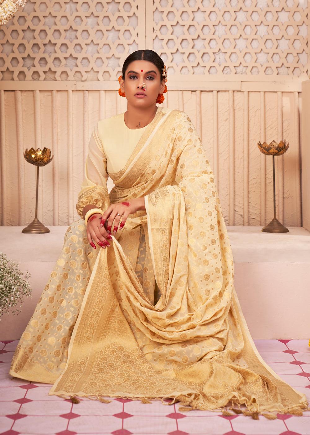 Wheat Brown Woven Georgette Saree - qivii