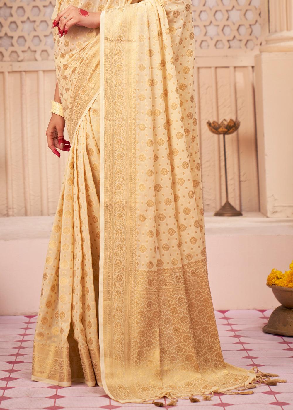 Wheat Brown Woven Georgette Saree - qivii