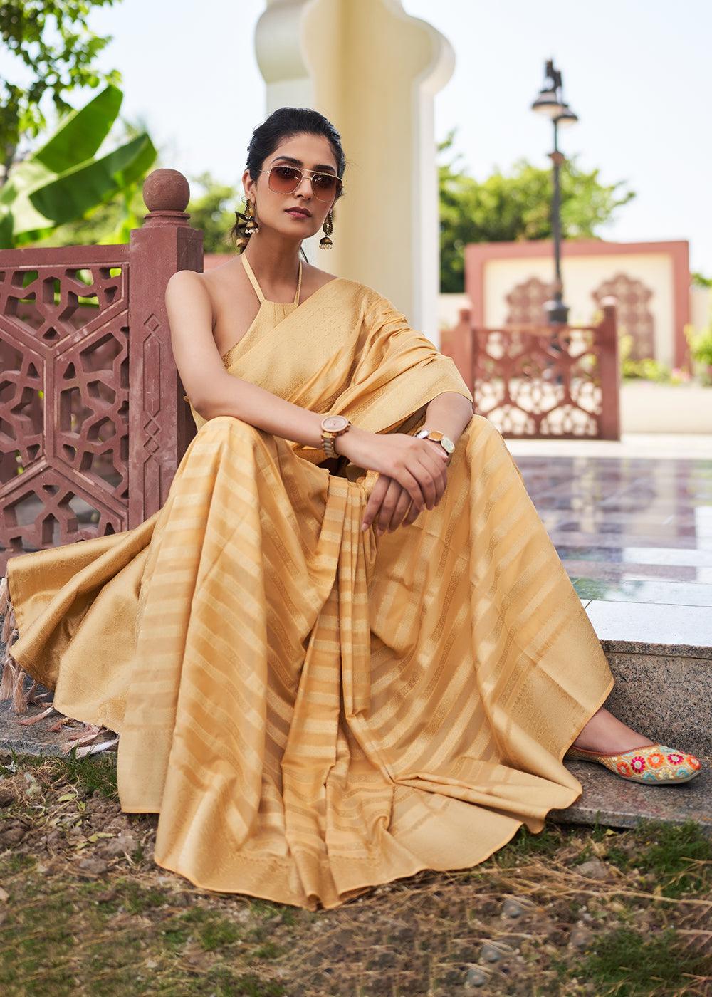 Wheat Brown Zari Woven Leheriya Georgette Saree - qivii