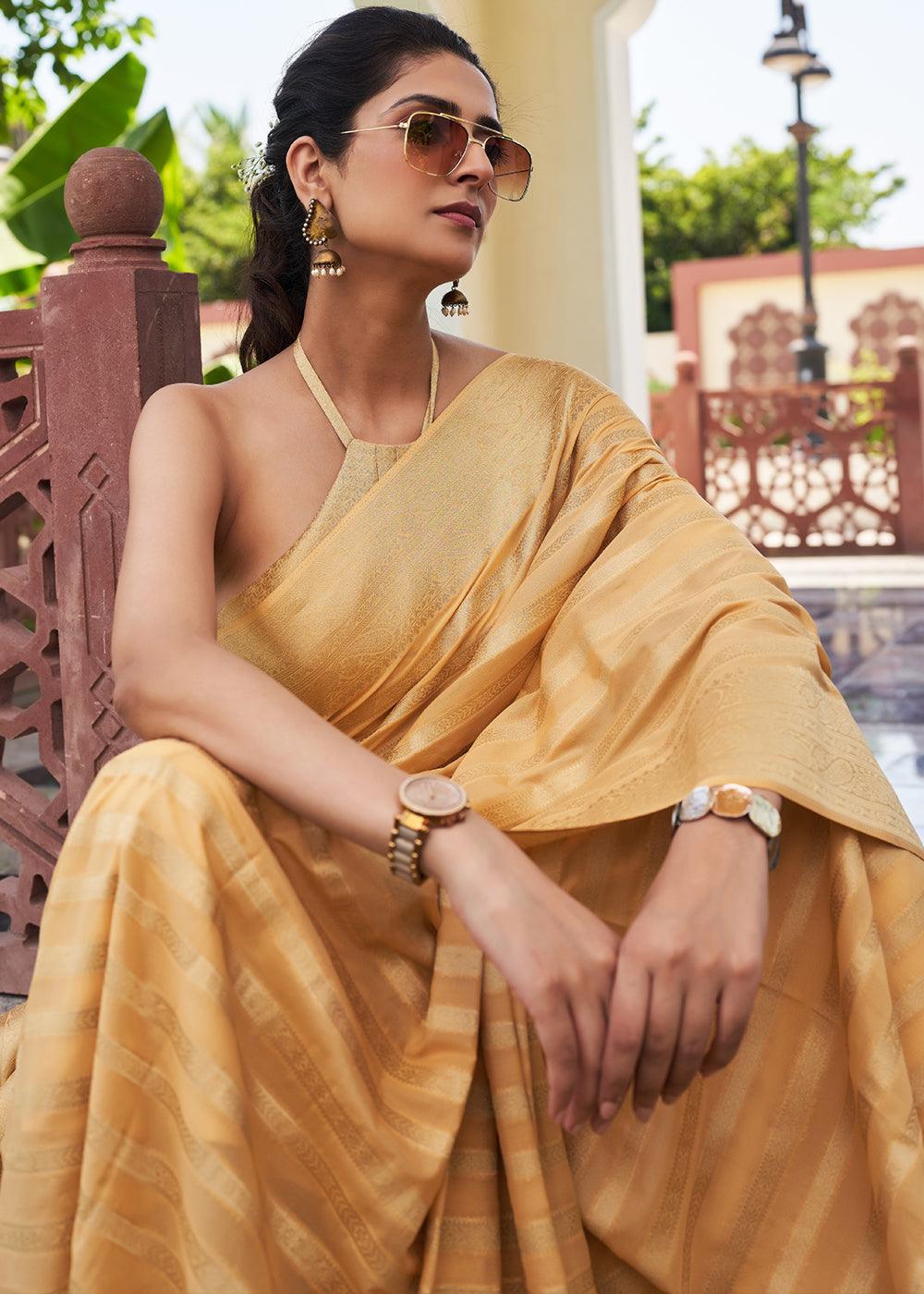 Wheat Brown Zari Woven Leheriya Georgette Saree - qivii