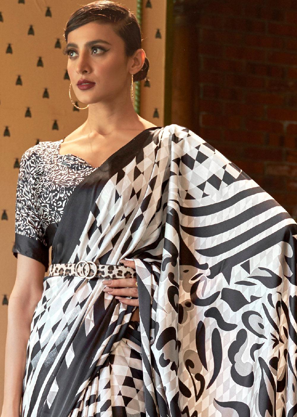 White & Black Designer Satin Crepe Printed Saree | Stitched Blouse - qivii